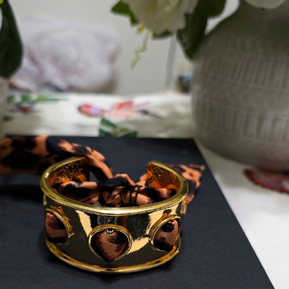Gold Cuff Bracelet with Leopard Print Ribbon